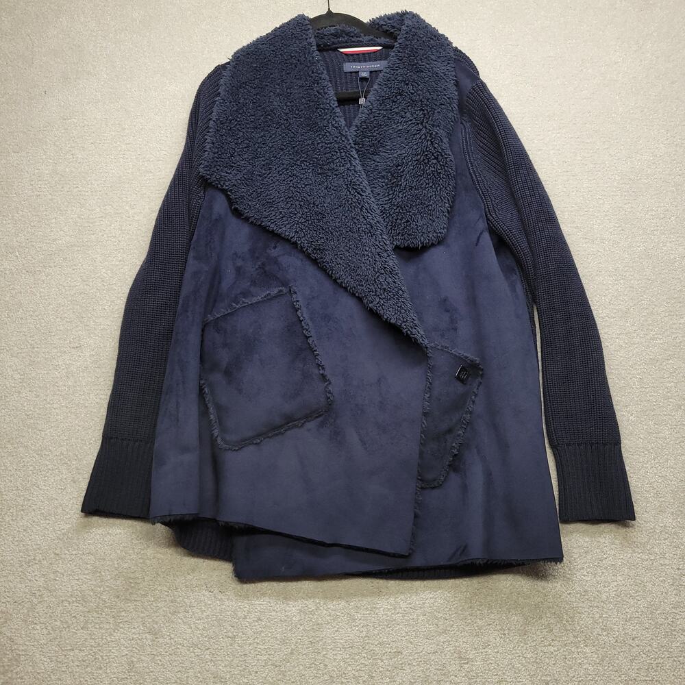 Tommy Hilfiger Womens L Navy Sherpa Knit Sweater Jacket Open Front Coat